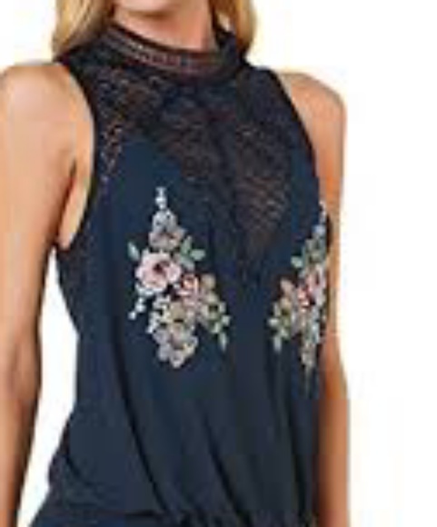 My Michelle Other - RARE Navy Floral Embroidered & Lace Bodysuit